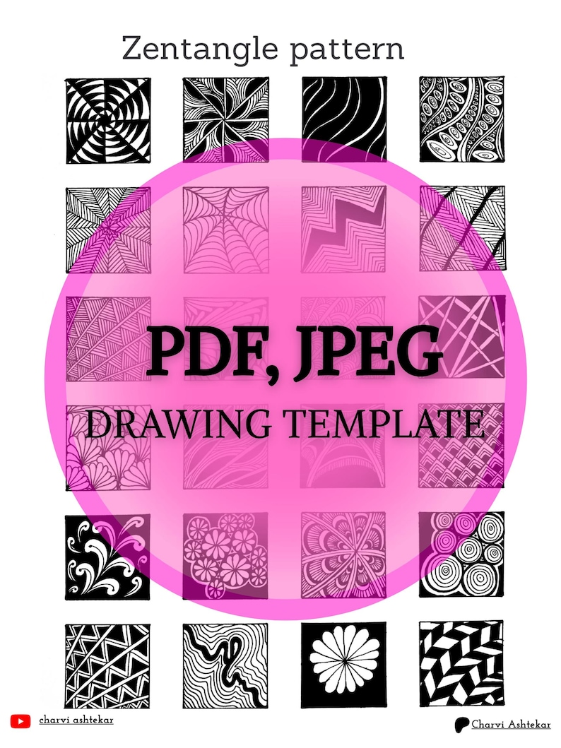 Op de afbeelding: Een set van 16 zwart-witte Zentangle-patroon sjablonen om te tekenen. De sjablonen zijn gerangschikt in een raster van vier rijen en vier kolommen. De titel "PDF, JPEG DRAWING TEMPLATE" staat in een roze cirkel in het midden van het raster.