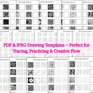 Op de afbeelding: Een set printbare Zentangle-patroon sjablonen voor traceren, oefenen en creatieve flow. De sjablonen zijn zwart-wit en bevatten een verscheidenheid aan geometrische patronen. De tekst "PDF & JPEG Drawing Templates - Perfect for Tracing, Practicing & Creative Flow" wordt weergegeven in roze.