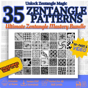 Op de afbeelding: Een wit vel toont 35 Zentangle-patronen in zwart en wit, met de tekst "Unlock Zentangle Magic" en "35 ZENTANGLE PATTERNS". Een gele ster leest "50+ PAGES & VIDEO". Inclusief "Training Set - 6".