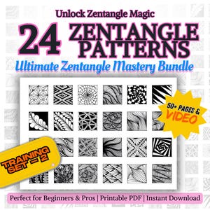 24 Easy Zentangle Pattern Worksheets PDF – Beginner Tangle Templates Set 2, Relaxing Doodle Art, Printable Zentangle Practice Sheets, Set- 4