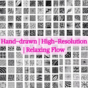 Op de afbeelding: Een zwart-witte afbeelding van 100 handgetekend gekrabbelde patronen. Elk patroon heeft een vierkante vorm en is gevuld met ingewikkelde ontwerpen. De afbeelding heeft de titel "Hand-drawn | High-Resolution | Relaxing Flow".
