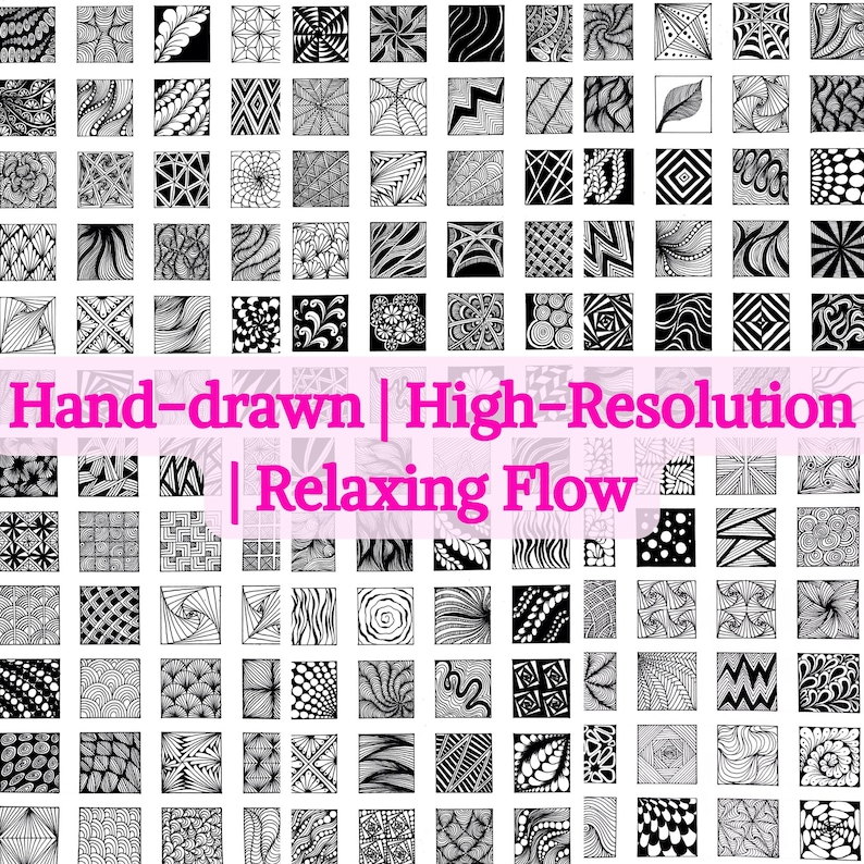 Op de afbeelding: Een zwart-witte afbeelding van 100 handgetekend gekrabbelde patronen. Elk patroon heeft een vierkante vorm en is gevuld met ingewikkelde ontwerpen. De afbeelding heeft de titel "Hand-drawn | High-Resolution | Relaxing Flow".