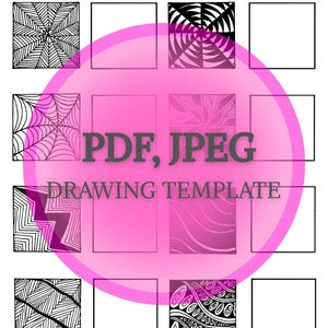 Op de afbeelding: Een printbare Zentangle-patroon tekentemplate met 12 vierkanten. De vierkanten bevatten zwart-witte geometrische patronen. De tekst "PDF, JPEG DRAWING TEMPLATE" staat in een roze cirkel.