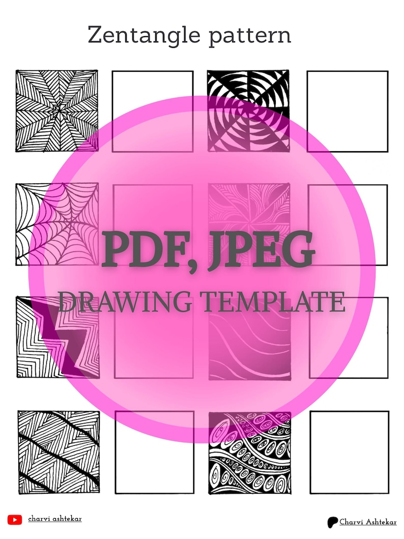 Op de afbeelding: Een printbare Zentangle-patroon tekentemplate met 12 vierkanten. De vierkanten bevatten zwart-witte geometrische patronen. De tekst "PDF, JPEG DRAWING TEMPLATE" staat in een roze cirkel.
