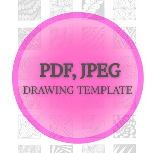 Op de afbeelding: Een roze cirkel met de tekst "PDF, JPEG DRAWING TEMPLATE" in wit. De cirkel is omgeven door 16 kleinere vierkanten, elk met een ander zwart-wit Zentangle-patroon.