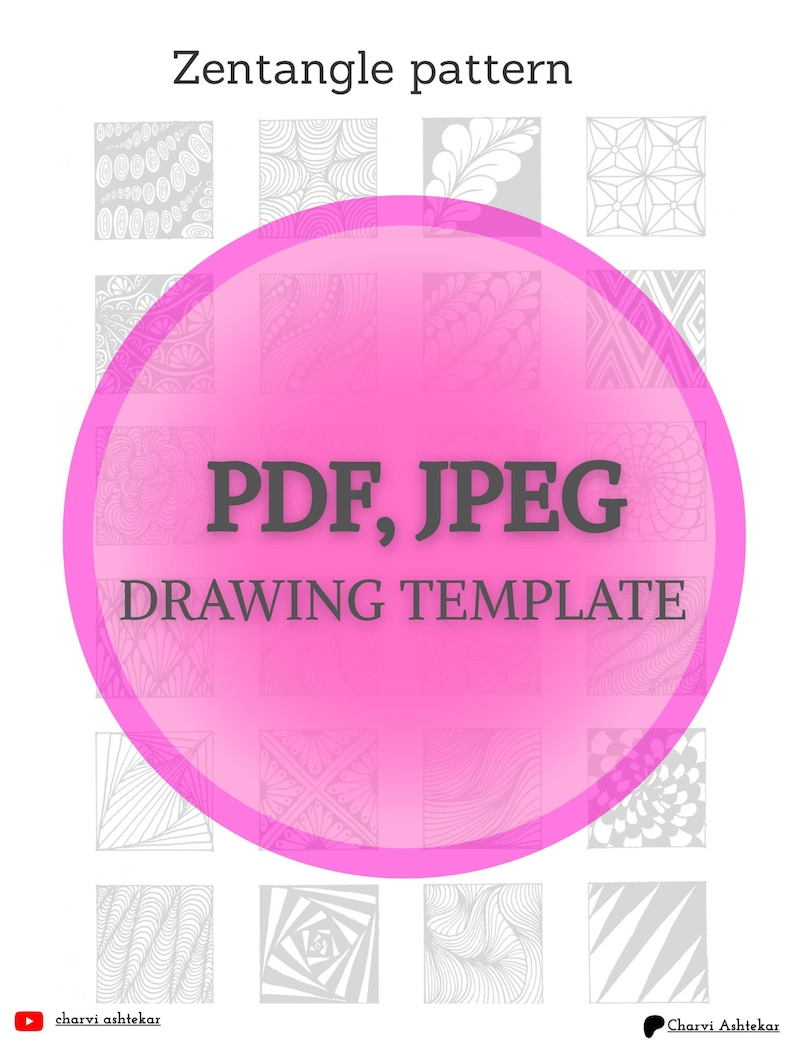 Op de afbeelding: Een roze cirkel met de tekst "PDF, JPEG DRAWING TEMPLATE" in wit. De cirkel is omgeven door 16 kleinere vierkanten, elk met een ander zwart-wit Zentangle-patroon.
