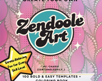 Peut inclure: Couverture de livre de coloriage avec les mots "Zendoole Art" dans une police rétro, sur un cercle turquoise. La couverture présente également le texte "Stress-Relieving Fun for Every Skill Level" et "100 Bold & Easy Templates + Coloring Book."