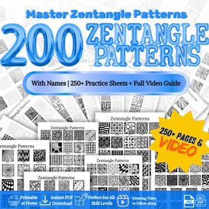 200 patrones de Zentangle con videoguía y hojas de práctica imprimibles (colección PDF/JPG)