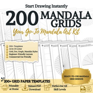 Op de afbeelding: Een verzameling mandala-rastervellen met diverse ontwerpen, waaronder raster-, punt- en grafiekstijlen. De afbeelding toont de tekst "200 Mandala Grids" en "Your Go-To Mandala Art Kit". De vellen zijn geschikt voor beginners en commercieel gebruik.