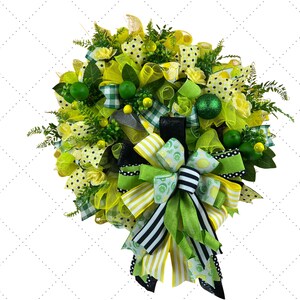 Lemon Lime Wreath for Summer | Green and Yellow Citrus Front Door Wreath | Fruit Theme Porch Decor | Handmade Mesh Bow Wreath
