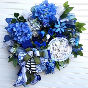 Blue and White Welcome Home Wreath - Hydrangea Floral Wreath, Front Door Décor, Summer Housewarming Gift, Handmade Ribbon Wreath
