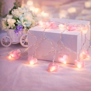 Puede incluir: Una cadena de luces en forma de corazón rosa ilumina una escena romántica. Las luces están colocadas sobre una caja blanca, con un pequeño carro decorativo blanco lleno de flores en el fondo. La paleta de colores es rosa suave y blanco.