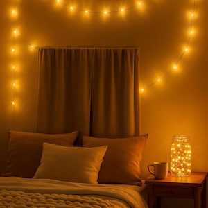 May include: A bedroom scene with warm, inviting lighting. Fairy lights are strung across the wall, and a jar filled with fairy lights sits on a wooden bedside table. Cushions and a blanket are on the bed, creating a relaxing atmosphere.