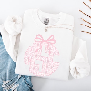 Custom Monogram Sweatshirt, Grandmillennial Pink Toile, Crewneck sweatshirt, Personalized, Preppy Coquette Bow Monogram, Gifts for Her