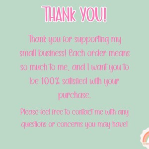 Puede incluir: Un fondo verde menta con texto rosa que dice "&iexcl;GRACIAS!". El texto contin&uacute;a con un mensaje de agradecimiento por apoyar a una peque&ntilde;a empresa y anima a los clientes a contactarlos con preguntas.