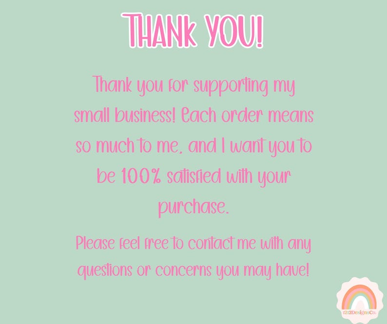 Puede incluir: Un fondo verde menta con texto rosa que dice "&iexcl;GRACIAS!". El texto contin&uacute;a con un mensaje de agradecimiento por apoyar a una peque&ntilde;a empresa y anima a los clientes a contactarlos con preguntas.