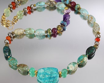 Chrysocolla Emerald Agate Necklace - Gold Fill - Mixed Stone Necklace - 20 Inches