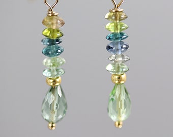 Petite Blue Green Tourmaline Earrings - Gold Fill - Tourmaline Earrings - 1 1/8 Inch