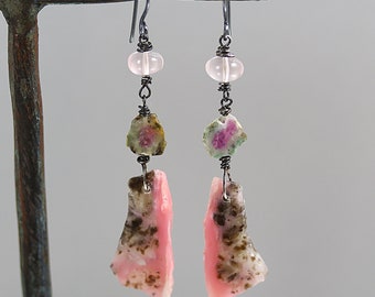 Pink Opal Ruby in Zoisite Rose Quartz Earrings - Sterling Silver - Pink Opal Earrings - 2 3/4 Inches