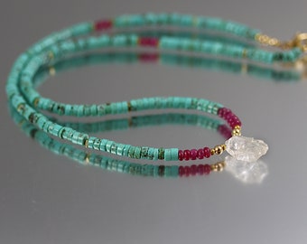 Turquoise Heishi Ruby Quartz Necklace - Gold Fill - Turquoise Heishi Necklace - 17 Inches