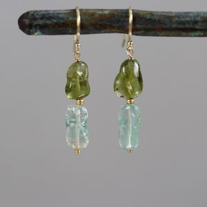 Blue and Green Tourmaline Nugget Earrings - Gold Fill - Pink Green Tourmaline Earrings - 1 3/4 Inches