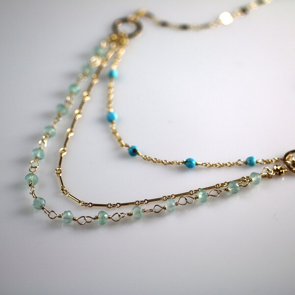 Aqua Chalcedony and Sleeping Beauty Turquoise Nugget Triple Chain Necklace