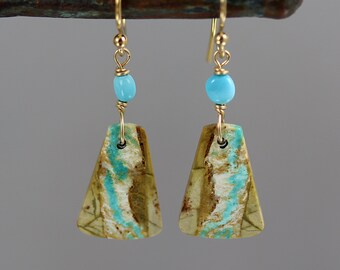 Royston Ribbon and Sleeping Beauty Turquoise Earrings - Gold Fill - Turquoise Earrings - 1 1/3 Inches