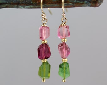 Pink and Green Tourmaline Nugget Trio Earrings - Gold Fill - Tourmaline Earrings - 1 1/3 Inches