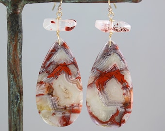 Crazy Lace Agate Teardrop Earrings - Gold Fill - Agate Earrings - 2 1/4 Inches
