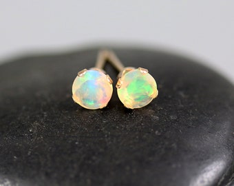 Ethiopian Opal Gem Stud Earrings - 14k Solid Gold - Opal Earrings - 4mm Gems