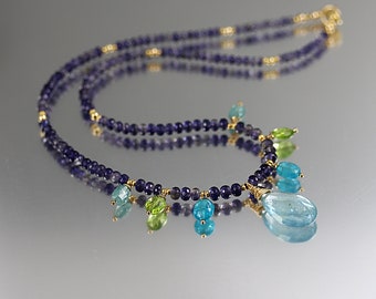 Iolite Rondelle Necklace with Aquamarine Apatite Peridot Kyanite - Gold Fill - Aquamarine Pendant Necklace - 18 Inches