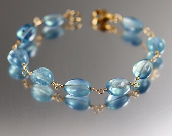 Aquamarine Smooth Nugget Bracelet - Gold Fill - Aquamarine Bracelet - 7 1/2 Inches