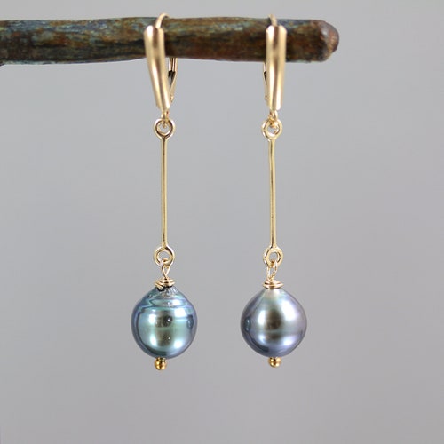 Tahitian Pearl Dangle Earrings - 14k Solid Gold - 1 7/8 Inches