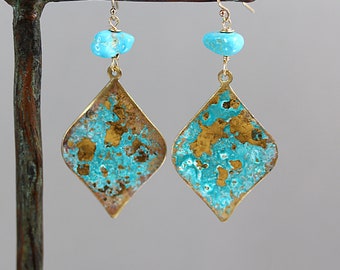 Kingman Turquoise Arabesque Earrings - Gold Fill and Brass - Turquoise Earrings - 2 1/4 Inches