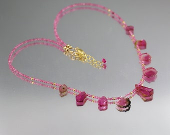 Pink Watermelon Tourmaline Slices Necklace - Gold Fill - Watermelon Tourmaline Necklace - Adjustable