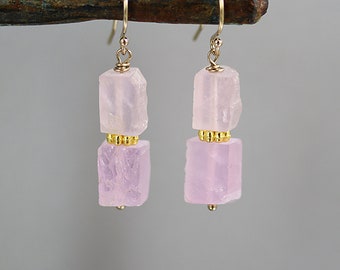 Kunzite Matte Brick Duo Earrings - Gold Fill - Kunzite Earrings -  1 1/3 Inches