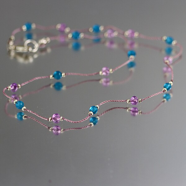 Apatite Pink Amethyst Rondelles Necklace - Sterling Silver - Apatite Amethyst Necklace - Knotted Silk