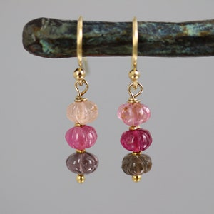 Shaded Pink Tourmaline Pumpkin Earrings - Gold Fill - Pink Tourmaline Earrings - I Inch