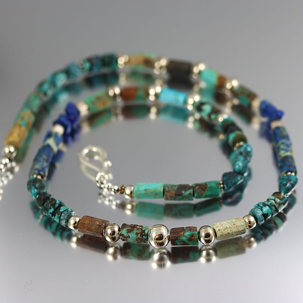 Turquoise Chrysocolla Lapis Navajo Pearl Necklace - Sterling Silver - Mixed Stone Necklace - 24 Inches