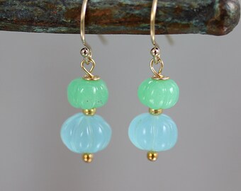 Chalcedony and Chrysoprase Earrings - Gold Fill - Chalcedony Pumpkin Earrings - 1 Inch