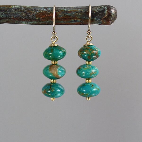 Sonoran Blue Turquoise Rondelle Earrings - Gold Fill - Turquoise Earrings - 1 1/4 Inches