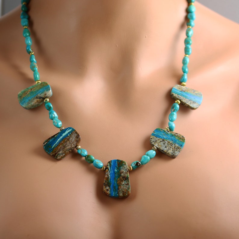 Chrysocolla and Turquoise Necklace Chrysocolla Necklace Gold Kingman Turquoise