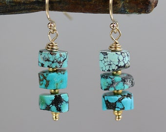 Turquoise Heishi Earrings - Gold Fill - Turquoise Earrings - 1 Inch