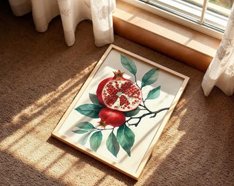 May include: A rectangular framed print featuring a watercolor illustration of a pomegranate branch. The artwork displays one whole red pomegranate and one halved pomegranate showing red seeds, surrounded by green leaves on a light background.