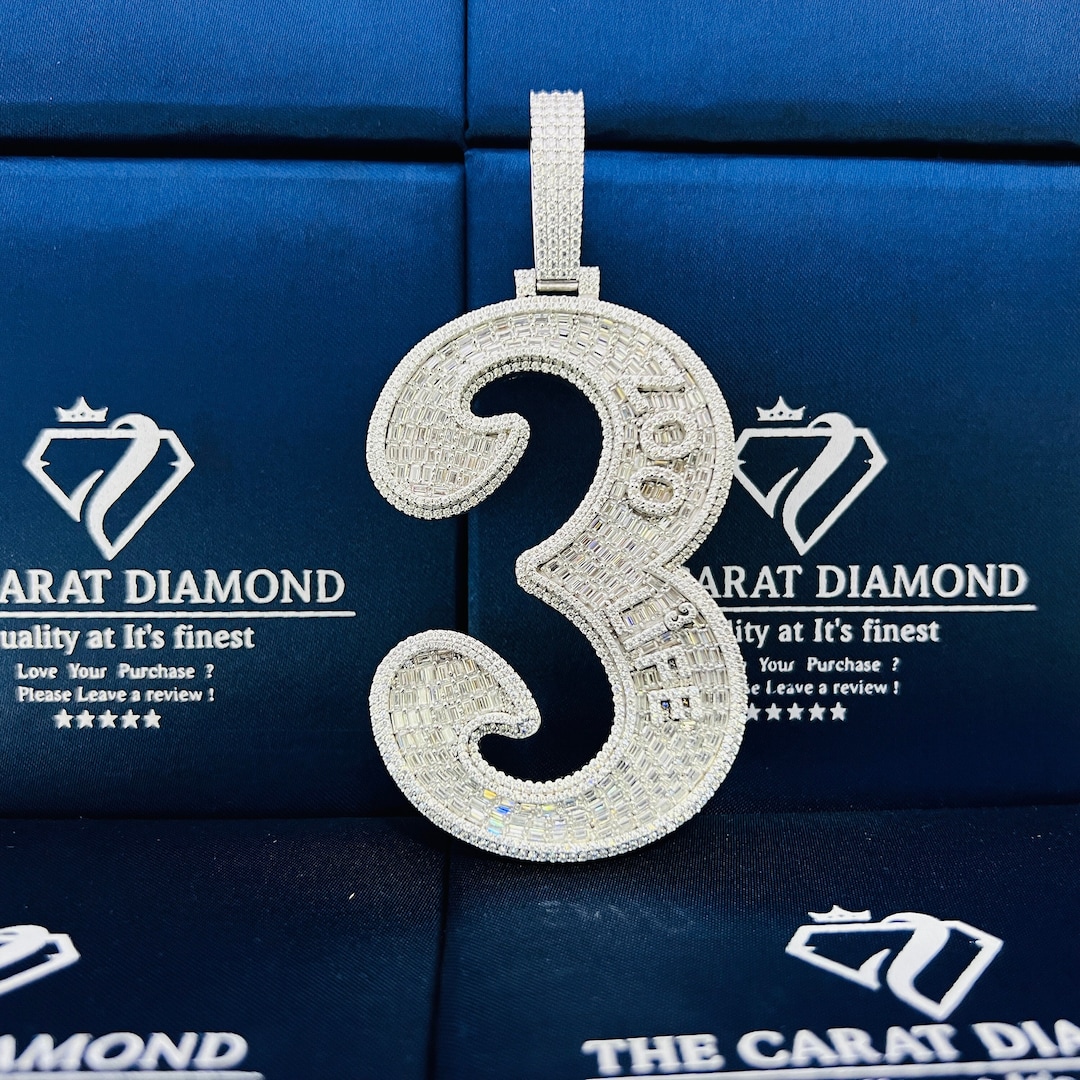 Iced Out Custom 3 Number Pendant With Baguette Diamonds |2.0