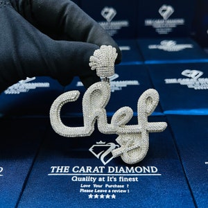 Colgante con letra de chef Iced Out con enganche personalizado, 3,0 x 3,1 pulg., plata, oro de 10 quilates, oro de 14 quilates, moissanita, laboratorio, diamante natural, colgante de regalo para hombres y mujeres