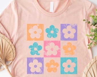 Checkered Flowers T-Shirt, Summer Floral Shirt , Boho Floral T-Shirt, Floral Sweatshirt, Daisy Shirt, Retro Flower Shirt, Nature Lover Gift