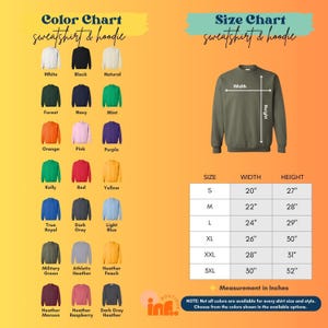 The image is a color chart and size chart for a sweatshirt and hoodie. The chart displays various color options and corresponding measurements, such as width, height, and style, for each color. The chart also includes a size chart with measurements for different sizes, such as S, M, L, XL, XXL, and 3XL. The chart provides a visual representation of the available color and size options for the sweatshirt and hoodie.