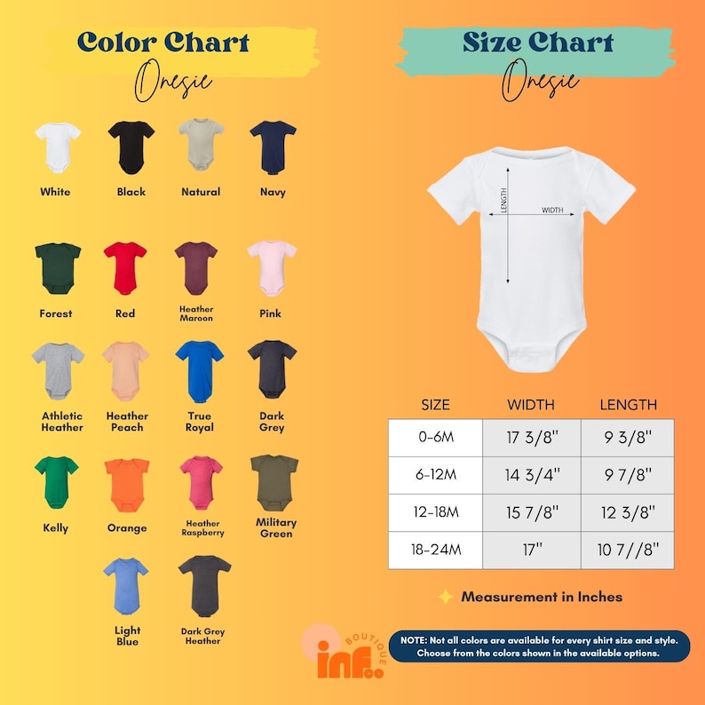 The image is a color chart and size chart for baby onesies. It displays various color options and corresponding measurements for each color, along with a list of available colors for different sizes.
