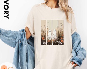 Comfort Colors® Cute Ghost in Wildflowers Shirt, Spooky Fall Halloween Floral Ghost Tee, Retro October Ghost T-Shirt, Cozy Ghostcore Shirt